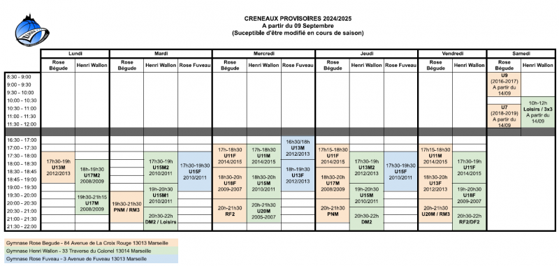 Les créneaux mis à jour au 09/09/2024!